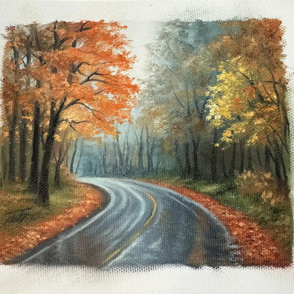 Autumn Road Oil Painting | Rainy Forest Landscape Art Oil Painting