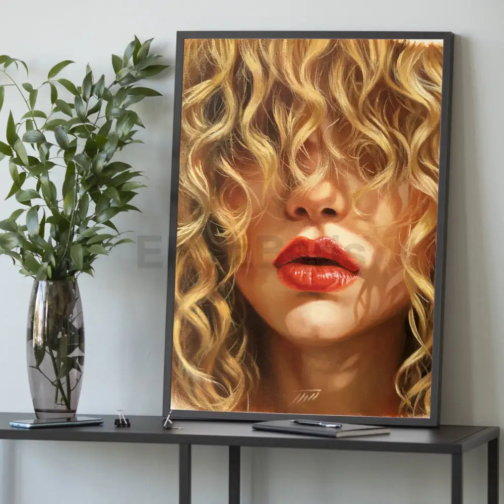 Blonde Hair and Red Lips Realistic Canvas Art Oil Painting