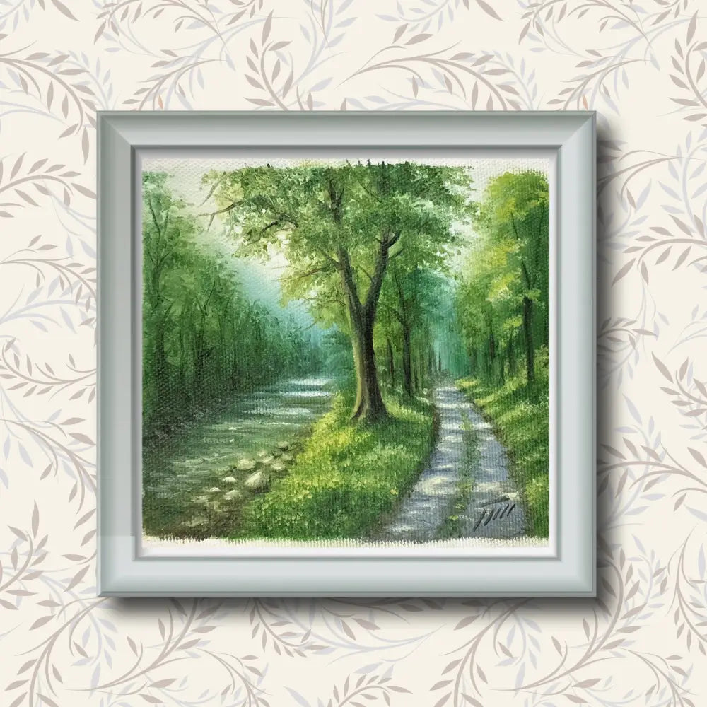 Green Forest Path Landscape — Miniature Oil Painting Signed Oil Painting