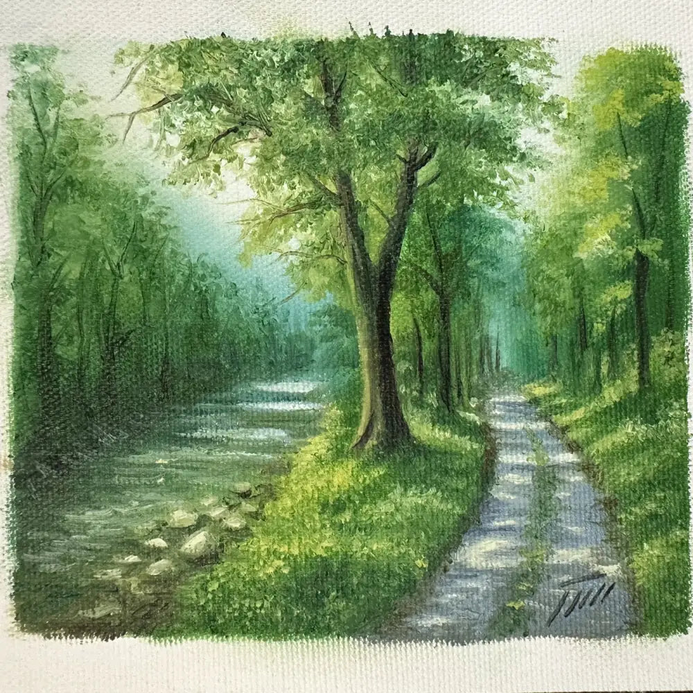 Green Forest Path Landscape — Miniature Oil Painting Signed Oil Painting