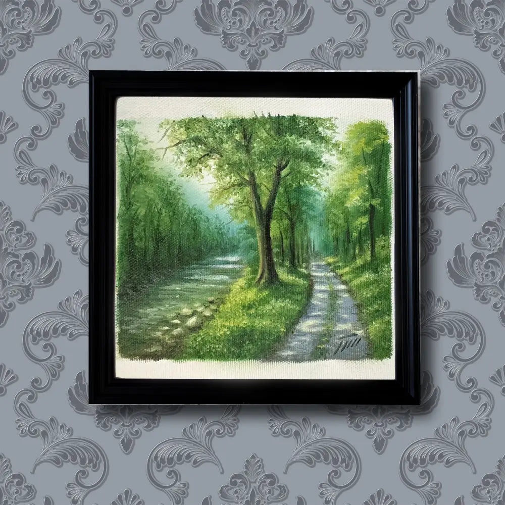 Green Forest Path Landscape — Miniature Oil Painting Signed Oil Painting