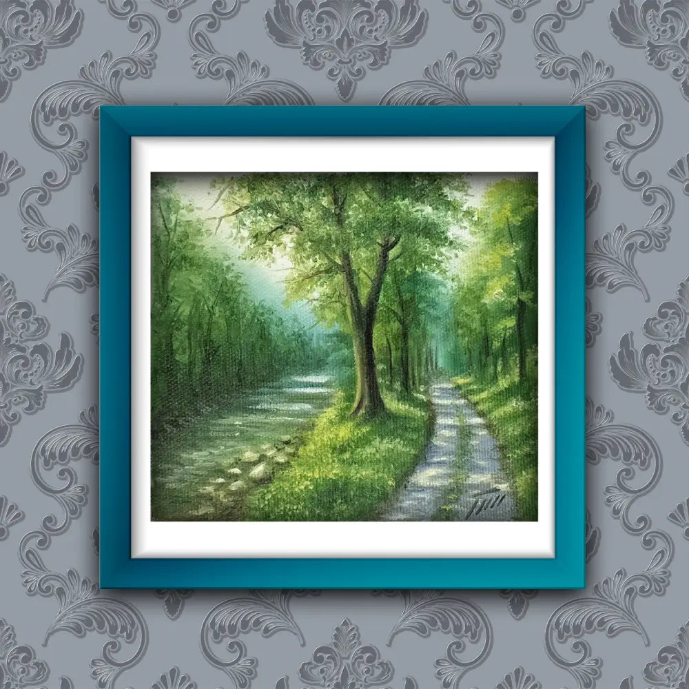 Green Forest Path Landscape — Miniature Oil Painting Signed Oil Painting