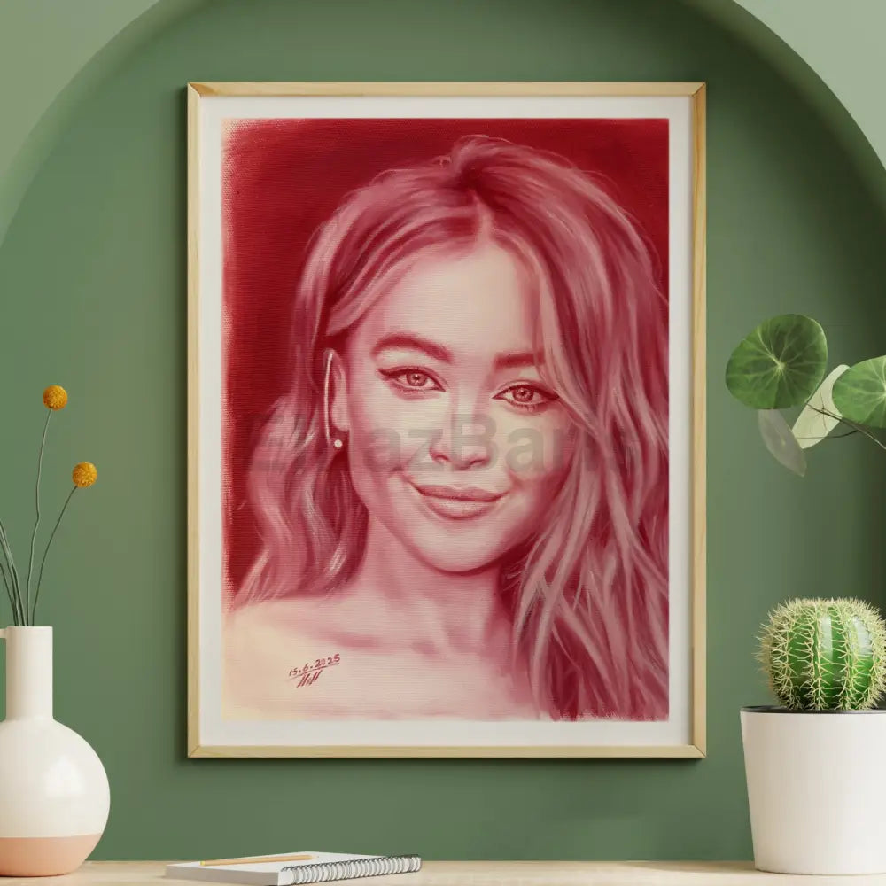 Sabrina Carpenter Inspired Oil Painting Red Monochrome Portrait Oil Painting
