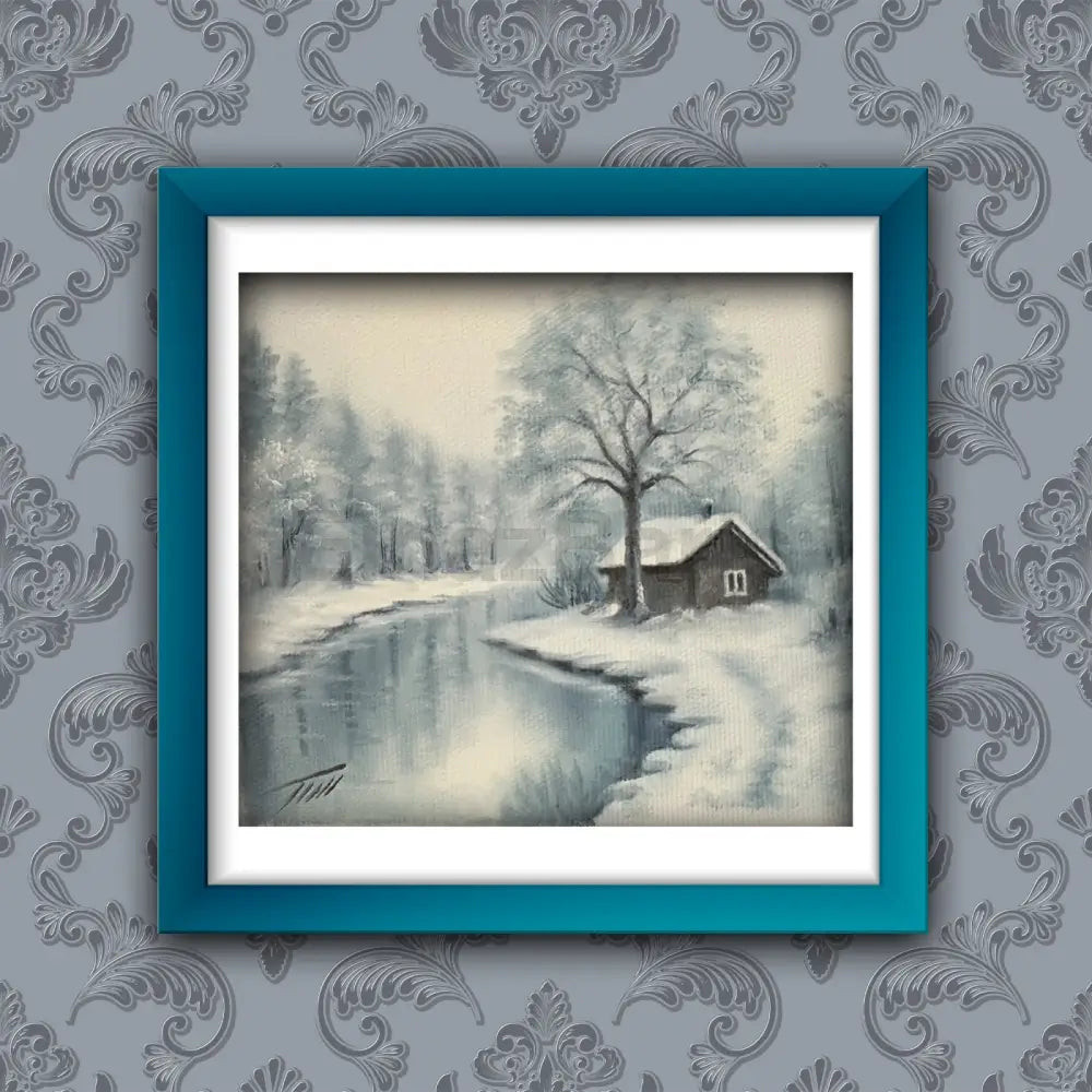 Winter Forest Landscape Snowy River Cabin Oil Painting