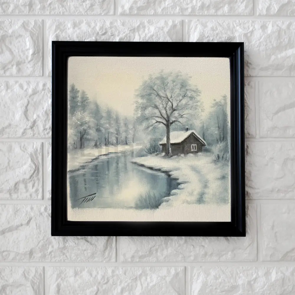 Winter Forest Landscape Snowy River Cabin Oil Painting
