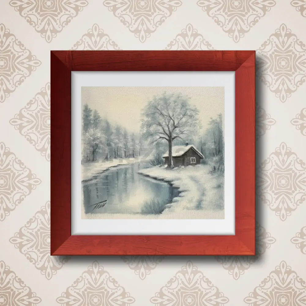 Winter Forest Landscape Snowy River Cabin Oil Painting